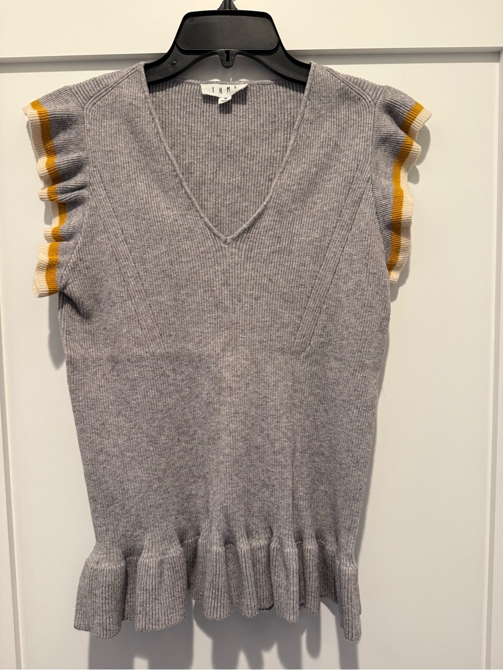 THML Gray V-Neck Knit Tank with Striped Ruffle Sleeves
